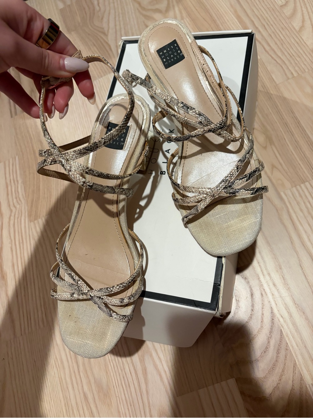 White House Black Market Metallic Beige Strappy Block Heel Sandals